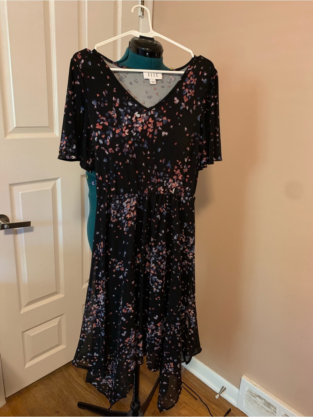 VINTAGE Elle Black Confetti Handkerchief Hem Dress